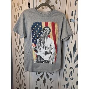 Jimi Hendrix Graphic Tee Small Gray USA Flag Guitar Rock Band Shirt NWOT